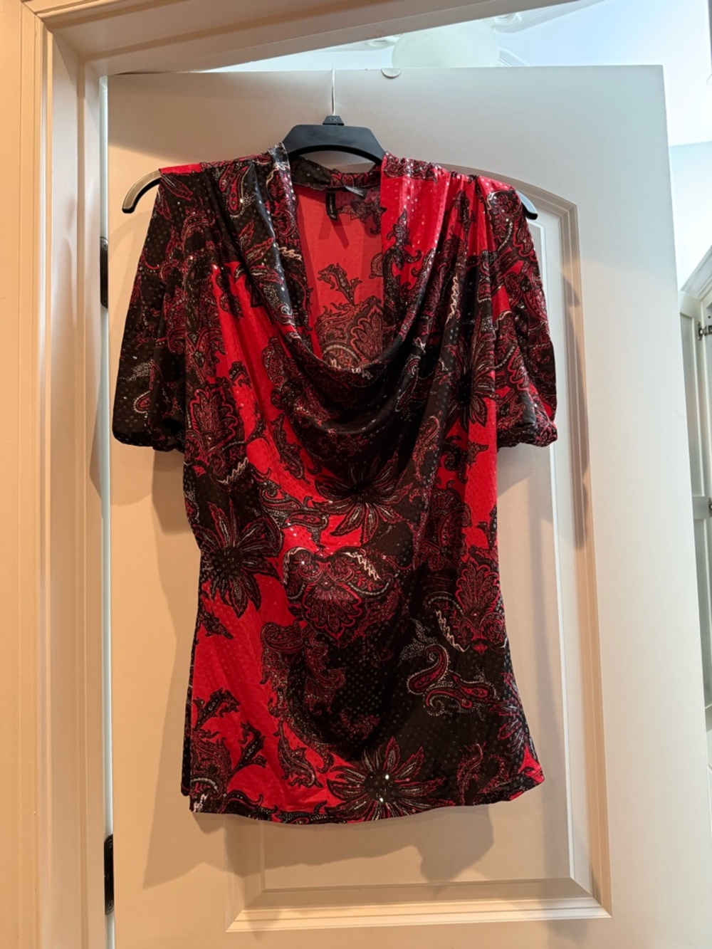 new directions Red and Black Paisley Cowl Neck Blouse
